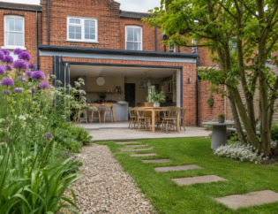 Photorealistic rear garden of a traditional British red brick terraced house with open bi-fold doors leading into a Scandinavian-style kitchen diner, featuring a gravel path, sandstone stepping stones, lush green lawn, blooming purple alliums, cottage garden plants, and a mature spring tree in soft overcast daylight.