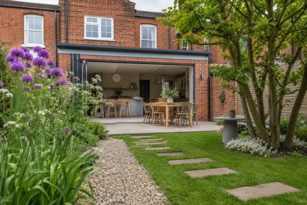 Photorealistic rear garden of a traditional British red brick terraced house with open bi-fold doors leading into a Scandinavian-style kitchen diner, featuring a gravel path, sandstone stepping stones, lush green lawn, blooming purple alliums, cottage garden plants, and a mature spring tree in soft overcast daylight.